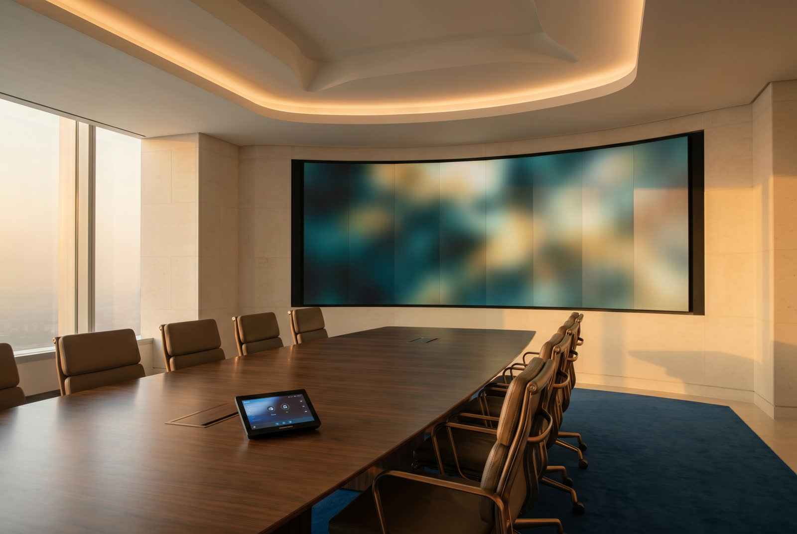 Corporate boardroom with Crestron control panel and video wall