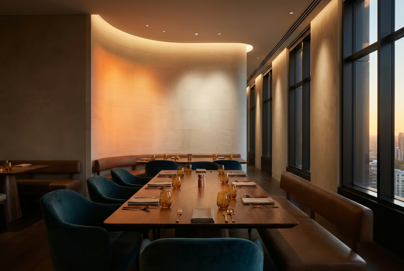 Architectural dining lounge with layered tunable-white lighting