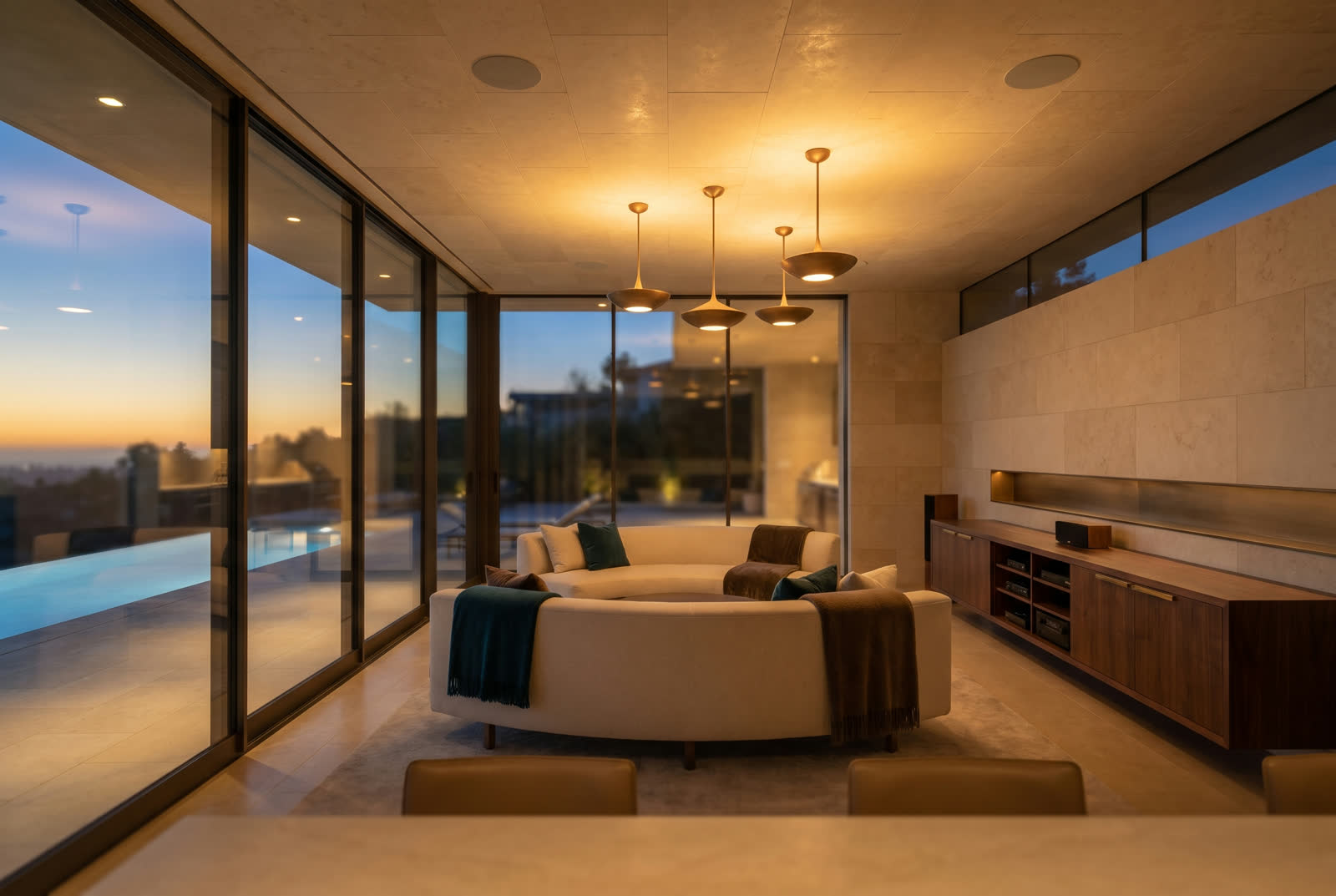 Modernist luxury living room with discreet in-ceiling speakers
