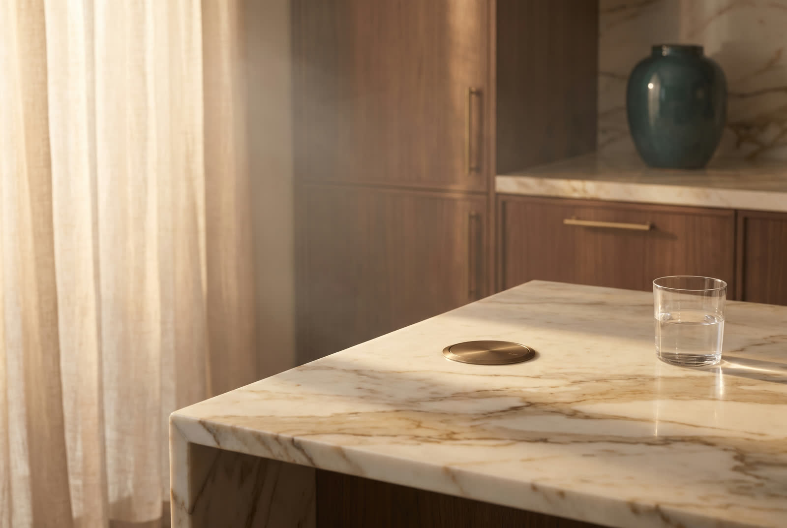 Modernist kitchen counter with a flush Josh.AI voice microphone
