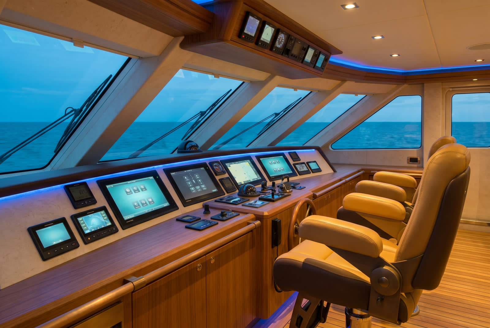 Superyacht bridge interior with Crestron touchscreens at blue hour