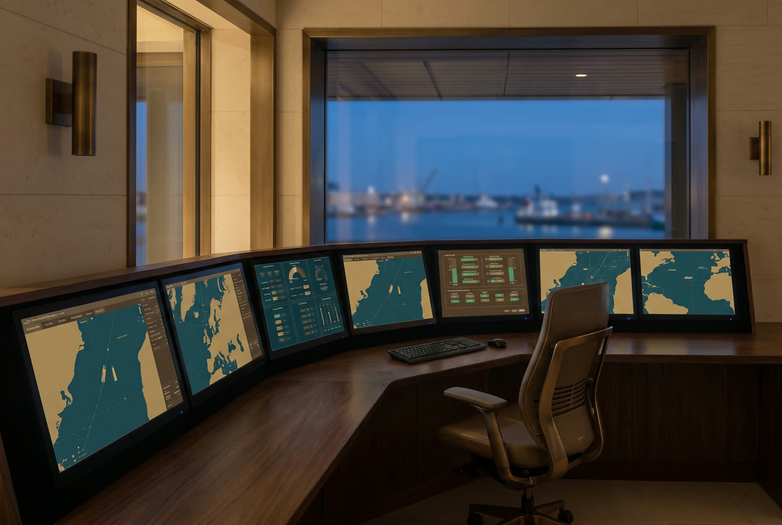 Marine operations center with multiple yacht-status screens